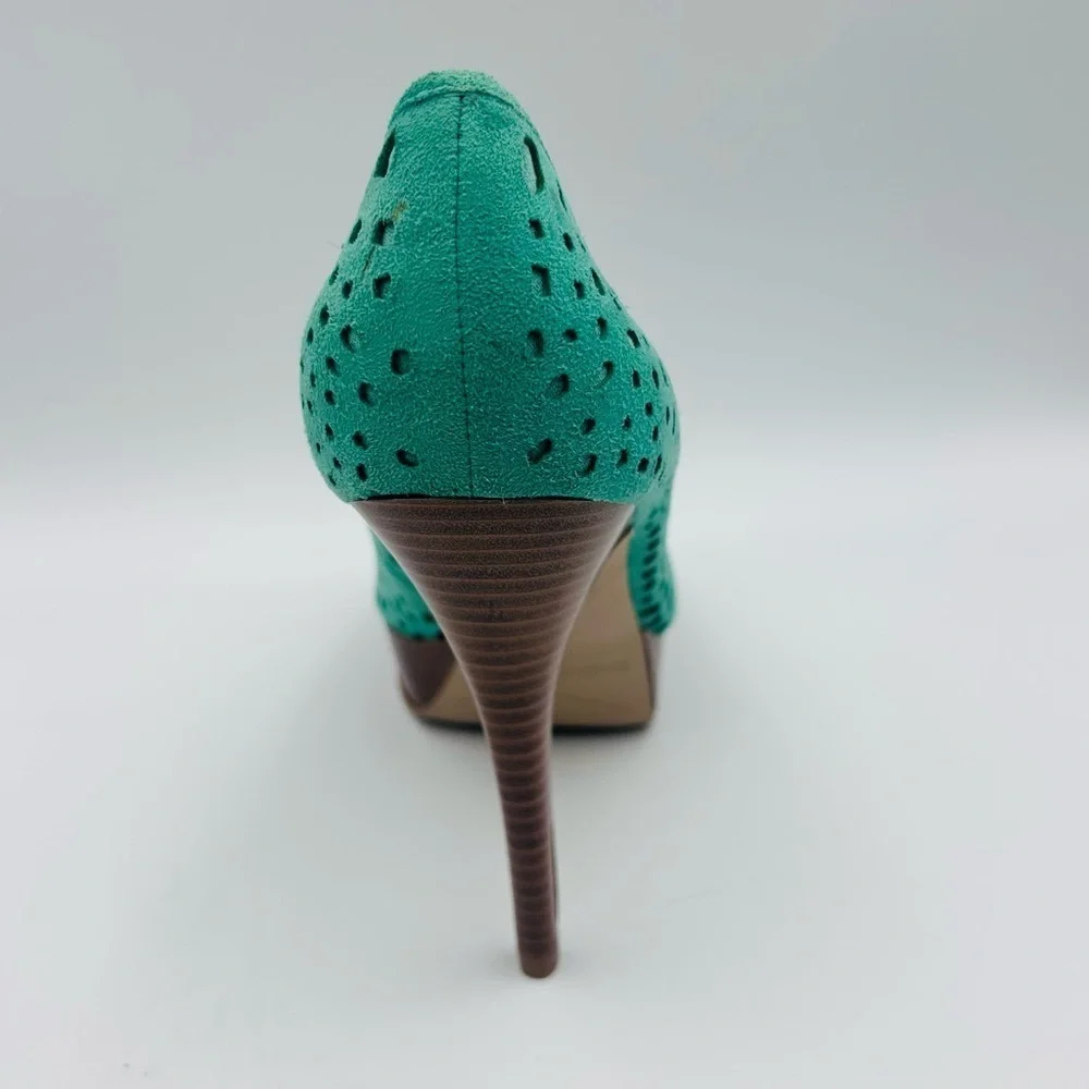 Enzo Angiolini Teal Suede Peep Toe Cutout Heels Women’s Size 8 Stilettos Sexy